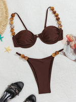 DEKA Women Swimsuit Summer Push Up Backless Halter Brazilian Underwired Bra Cup Bikini Set SolidMicro String Thong Swimwear