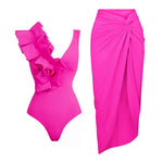 2024 Sexy Sling Ruffle Solid Two Pieces Bikini Women High Waist 3D Flower Swimsuit Skirt Summer Backless Beachwear Bathing Suit