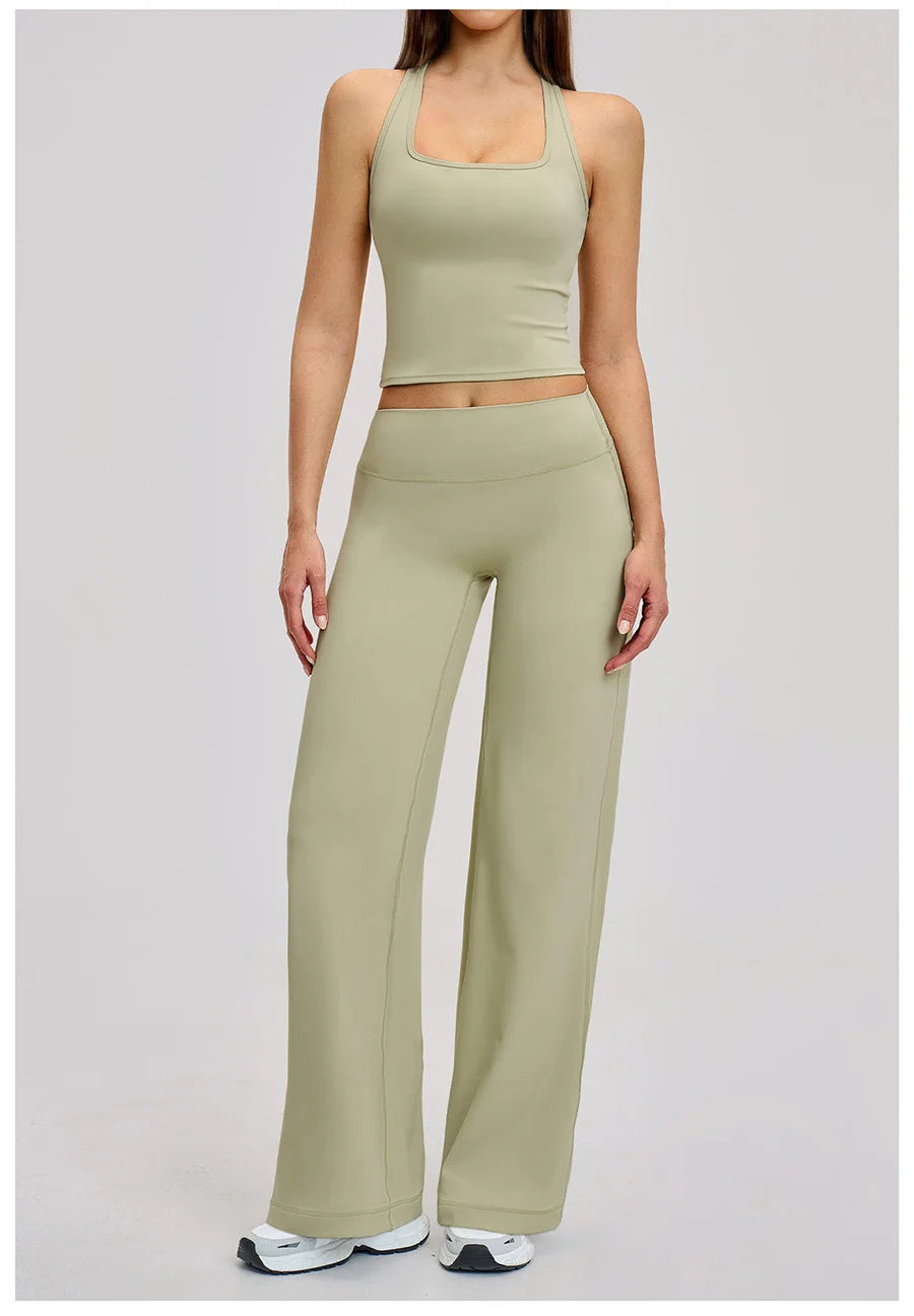 2 Piece Yoga Clothes Women Tracksuit Athletic Wear Pilates Fitness Suit Gym Workout Sets Push Up Sports Vest Wide Leg Pant Suit