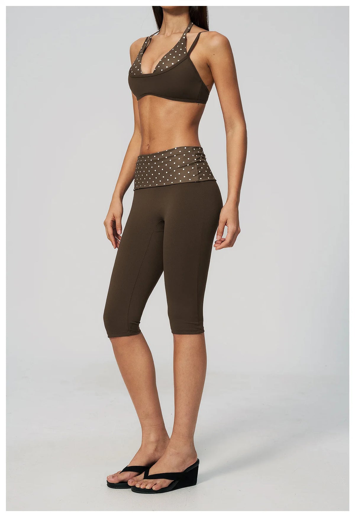 Summer Polka Dot Yoga Sets Women Hanging Neck Shockproof Sports Bra Fitness Suit Folding High Waist Mid Pants Gym Tracksuit