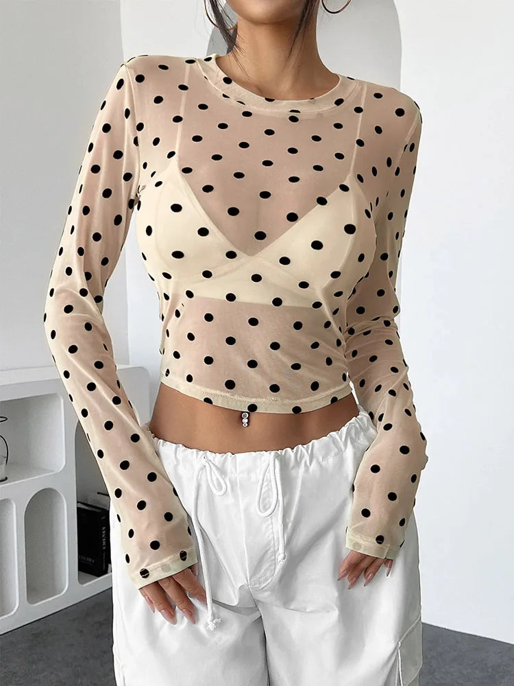 Womens Polka Dots Long Sleeve Mesh Tops Sexy See Through Sheer Blouses Shirts Going Out Crop Top Y2K Date Night Club Party Tops