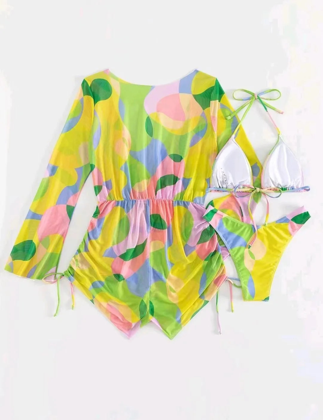 2024 New Swimsuit 3 Pcs Set Thong Bikini with Rompers Womens Jumpsuit Beach Wear Print Swimwear Sexy Bathing Suit Pool Beachwear