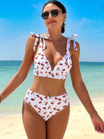 Black Cherry Print Bikini Set 2026 Women Tie Up Strap V Neck Push Up High Waist Swimsuit Cut Out Bathing Suit Two Piece Swimwear