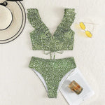 Solid Color Sexy V-neck Ruffle Bikini 2026 Women 2 Piece Swimwear Push Up Padded High Waist Swimsuit Summer Beach Bathing Suit