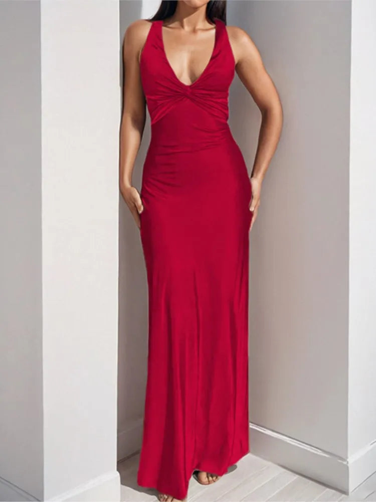 Sexy Elegant Party Long Dress Fashion Summer Solid Color V-Neck Halter Neck 2025 Backless Vestidos Sleeveless Beach Maxi Dresses