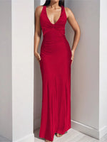 Sexy Elegant Party Long Dress Fashion Summer Solid Color V-Neck Halter Neck 2025 Backless Vestidos Sleeveless Beach Maxi Dresses