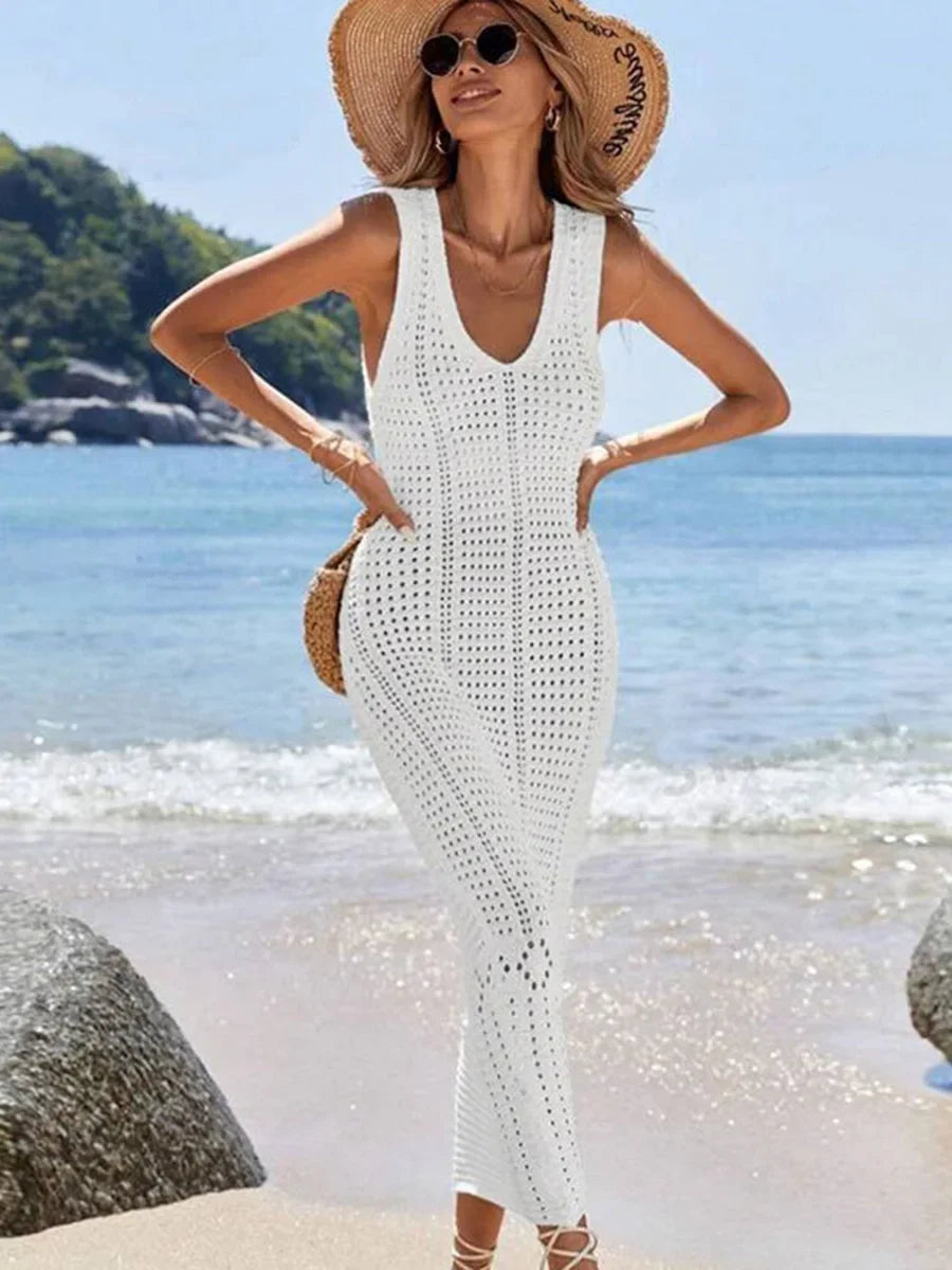 S - XL 2025 V Neck Hollow Out Crochet Knitted Tunic Beach Cover Up Long Cover-ups Beach Dress Beach Wear Beachwear Female Women