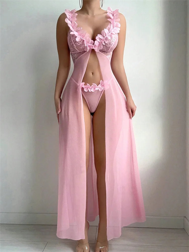 Porn Pink Floral Sexy Lingerie Dress Women Nighties Exotic Babydolls Slip Nightdress Deep-V Lace Mesh See Through Nightgowns