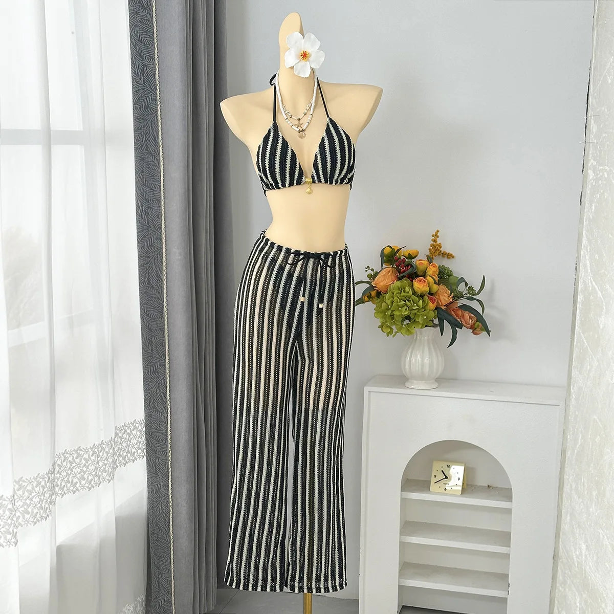 DEKA Vintage Red Striped Bikini Set Women Thong Swimwear Drawstring Long Panties 3 Piece Swimsuit Beach Holiday Bathing Suit