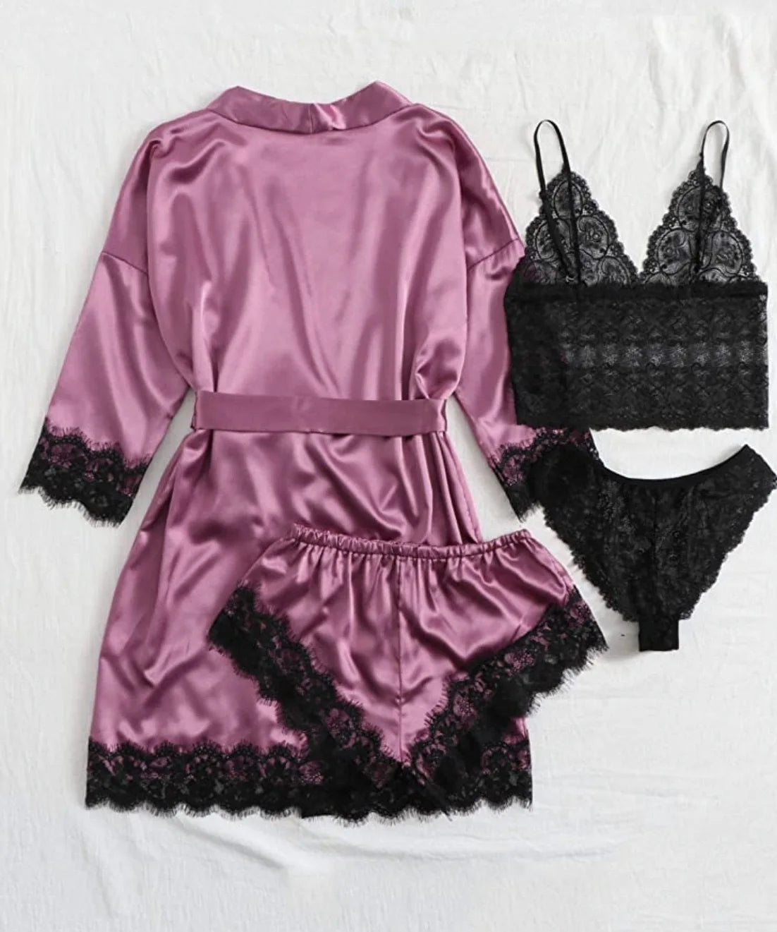 2025 New Women's Pajama Fashion 4-Piece Set Lace Satin Strap Sexy Pajama Set Dress Skin Friendly Comfortable Casual Pajama Skirt