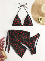 With Mesh Sarong Skirt Cherry Printed Bikini Female Swimsuit Women Swimwear Three Pieces Bikini Set Bathing Suit Swim Beachwear