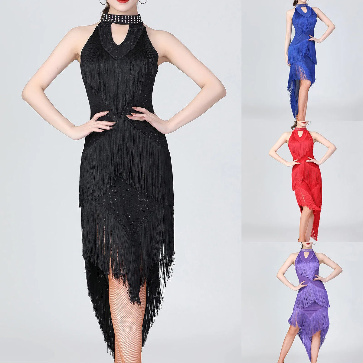 Women's Sparkling Sequin Carnival Irregular Tassel Dress Latin Dance Stage Costume Squins Fringe Tassel Sexy Bodycon Party Dress