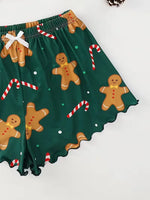 Soft Festival Christmas Cute Gingerbread Print Pajama Set Women's Sleepwear 2 Pieces Crop Tops and Shorts Loungewear