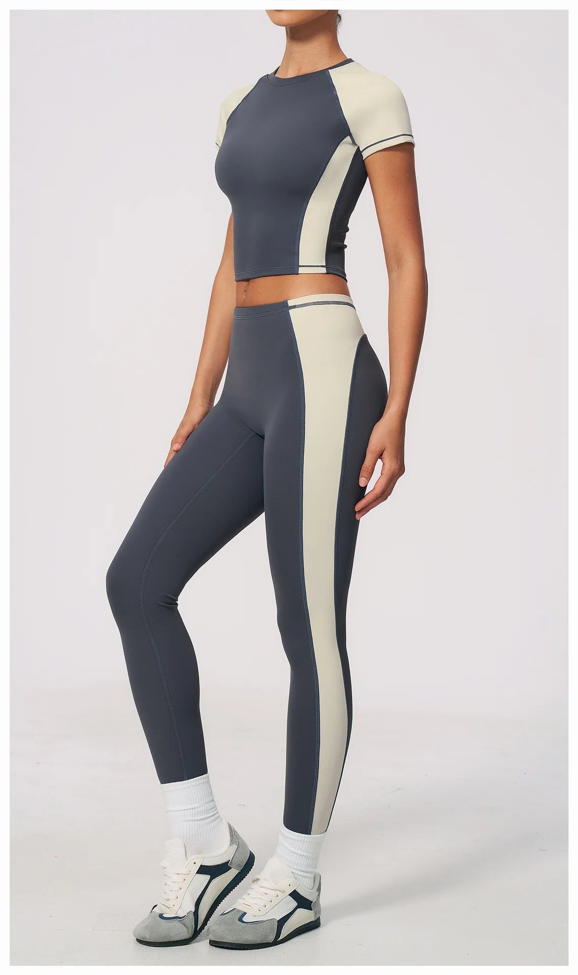 Nake Yoga Set Women's Tracksuit Color Contrast Short Sleeve Slim Sports T Shirts High Waist Leggings Fitness Clothes Gym Outfits
