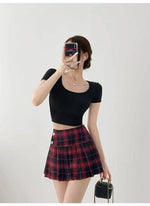 American Style Retro Low Waisted JK Plaid Pleated Skirt Women 2026 Summer New Spicy Girl Wrap Hip Slim A-line Ultra Skirt YOQG