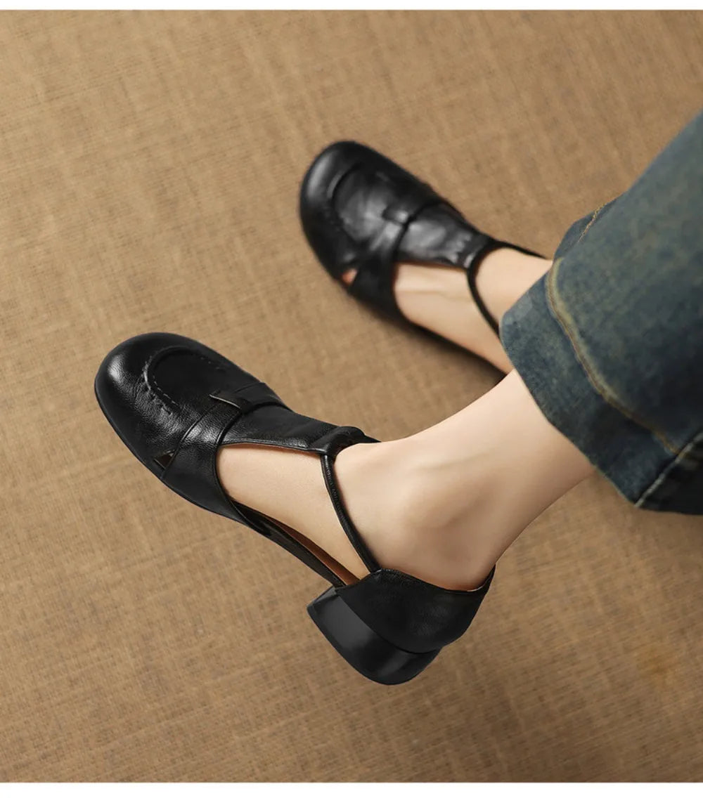 French Slip-on Single Shoes Retro British Shoes for Women Brown T-Strap Shallow Flat Sandals Soft Leather RomeSummer New 32-43