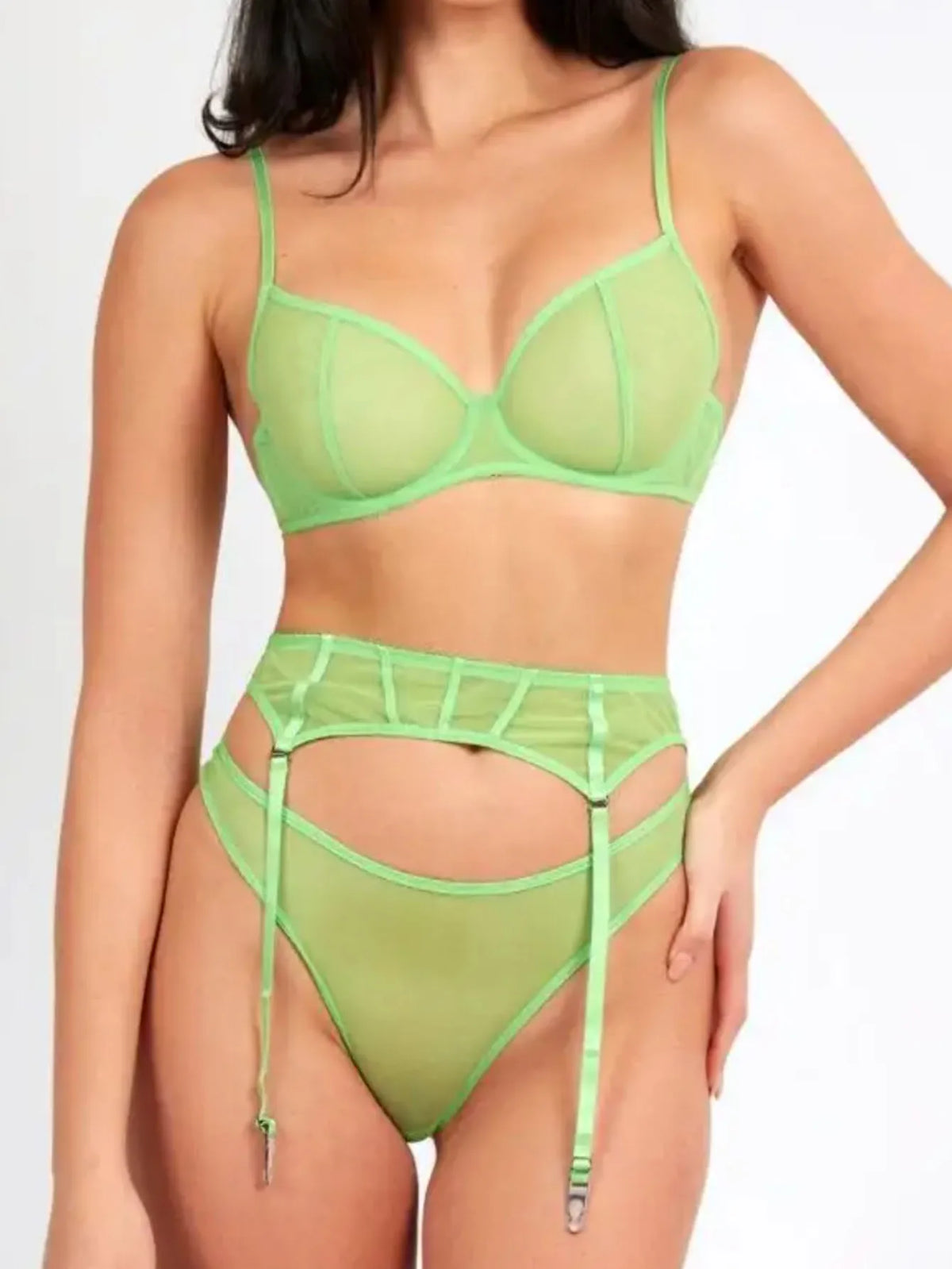 Sexy Lingerie Set with Garter Belt Corset Panty Outfits Mesh No Padding Underwire Sheer Bra and Panty 3 Pcs