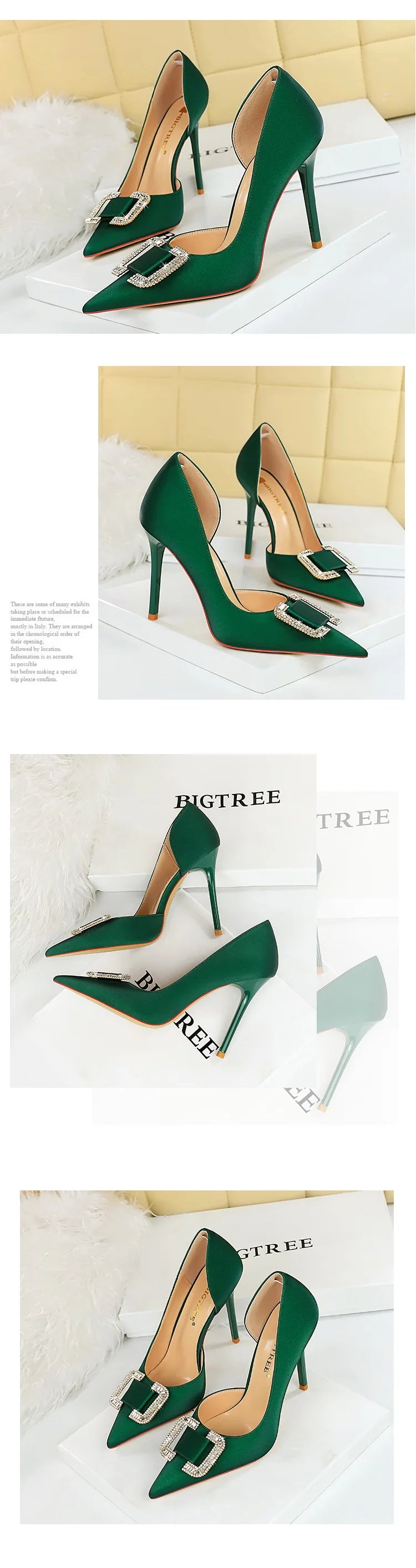 BIGTREE Pumps Elegant Pointed Crystal Buckle Slim High Heel Single Shoes Women Silk Spring/Summer High Heel Pumps Wedding Dress