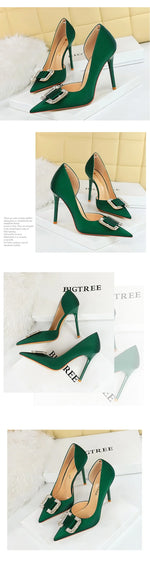 BIGTREE Pumps Elegant Pointed Crystal Buckle Slim High Heel Single Shoes Women Silk Spring/Summer High Heel Pumps Wedding Dress