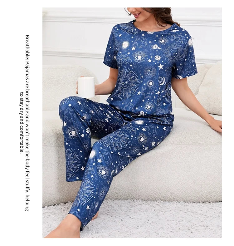 3-Piece Heart Print Pajama Women Sleepwear Home Clothes Short Sleeve Top with Shorts & Long Pants Pajamas Loungewear Short Suit