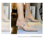 BIGTREE Crystal Mesh Fabric Pointed Toe Slippers Women Sexy Elegant Buckle Strap Party Prom Thin Low Heels Mule Shoes