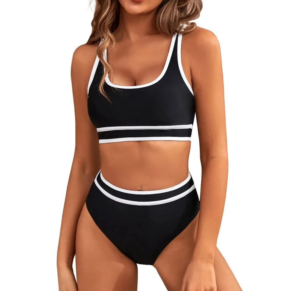 Women's High Waisted Bikini Sets 2026 Sporty Two Piece Swimsuits Color Block Cheeky High Cut Bathing Suits Summer Biquini Black