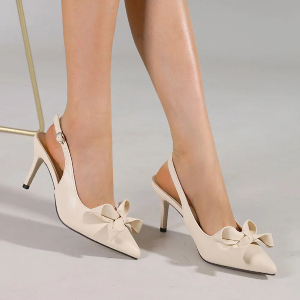 Big Size 42 Summer Elegant Beige Slingback Pumps Sexy Pointy Toe Black Thin High Heels Shoes Women Bow Knot Office Lady Shoes