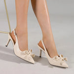 Big Size 42 Summer Elegant Beige Slingback Pumps Sexy Pointy Toe Black Thin High Heels Shoes Women Bow Knot Office Lady Shoes