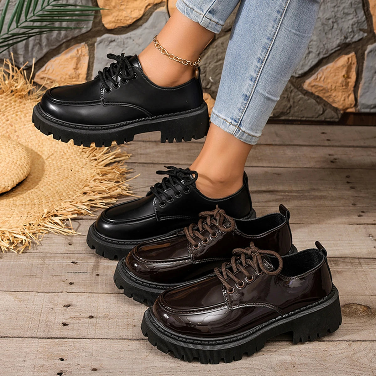 Women Lace‑Up Platform Oxford Shoes Chunky Lug Sole Round Toe Glossy Matte Retro Preppy JK School Casual Dress Shoes