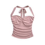 New Women's Fashion Sexy Backless Halter Neck Tie-up Ruched Tube Top Ultra-short Camisole Top In Solid Color Pure Desire F1MR