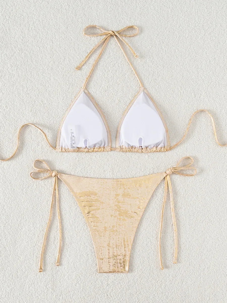 2026 Golden Glitter Halter Strappy Bikini Women Swimsuit Female Swimwear Two-pieces Bikini Set High Leg Cut Bathing Suit Swim