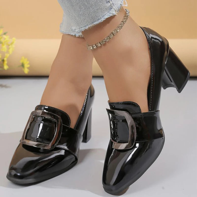 Black Pu Leather Heel Pumps Women 2025 Retro Metal Decoration Slip On Pumps Woman Square Toe Non Slip High Heels Shoes Ladies