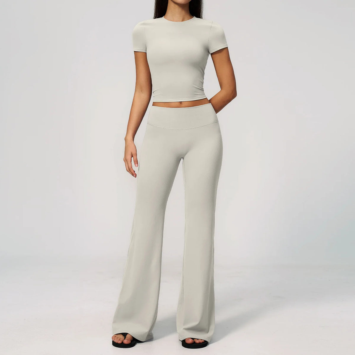 Creamy 2 Pieces Workout Suit Women Yoga Outfits Short Sleeve O Neck Slim Sports T Shirts High Waist Flare Pants Gym Fitness Sets