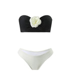 sexy 3d flower bandeau bikinis sets 3pcs with long mesh split skirt black white patchwork swimsuit bathing suit beach outfits