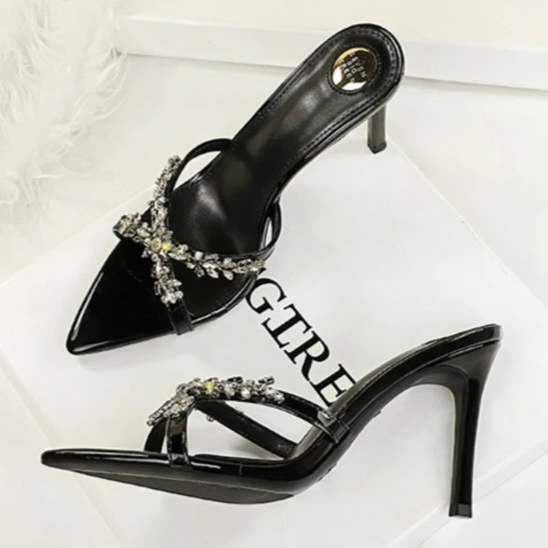 Water Diamond Women's Sandals Summer Cross Band High Heel Slip-On Shoes Leather Material Anti-Slip Rubber Sole Casual Style