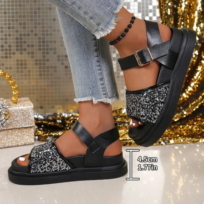 Flat Sandals for Women Plus Size Shiny Sequin Decor Platform Sandals Summer Comfort Light Casual Shoes