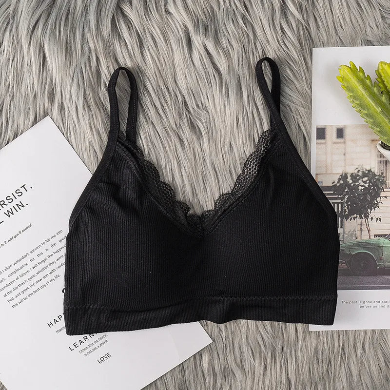 Women's Lace V Neck Rib Camisole Tube Top Bralette Criss Cross Back Removable Foam Pads Wireless Thin Straps Tube Bra