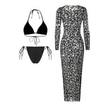 Sexy Hole Out Mesh Long Sleeve Dress 3 Piece Swimsuit 2026 Women Black Summer Push Up Thong Bikini Holiday Bathing Suit Swimwear