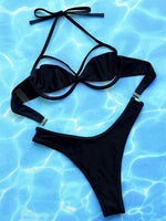 Halter Mesh Sheer Underwired V-Bar Bikini Women Swimwear Female Swimsuit Two-pieces Bikini Set High Cut Bathing Suit Swim Lady
