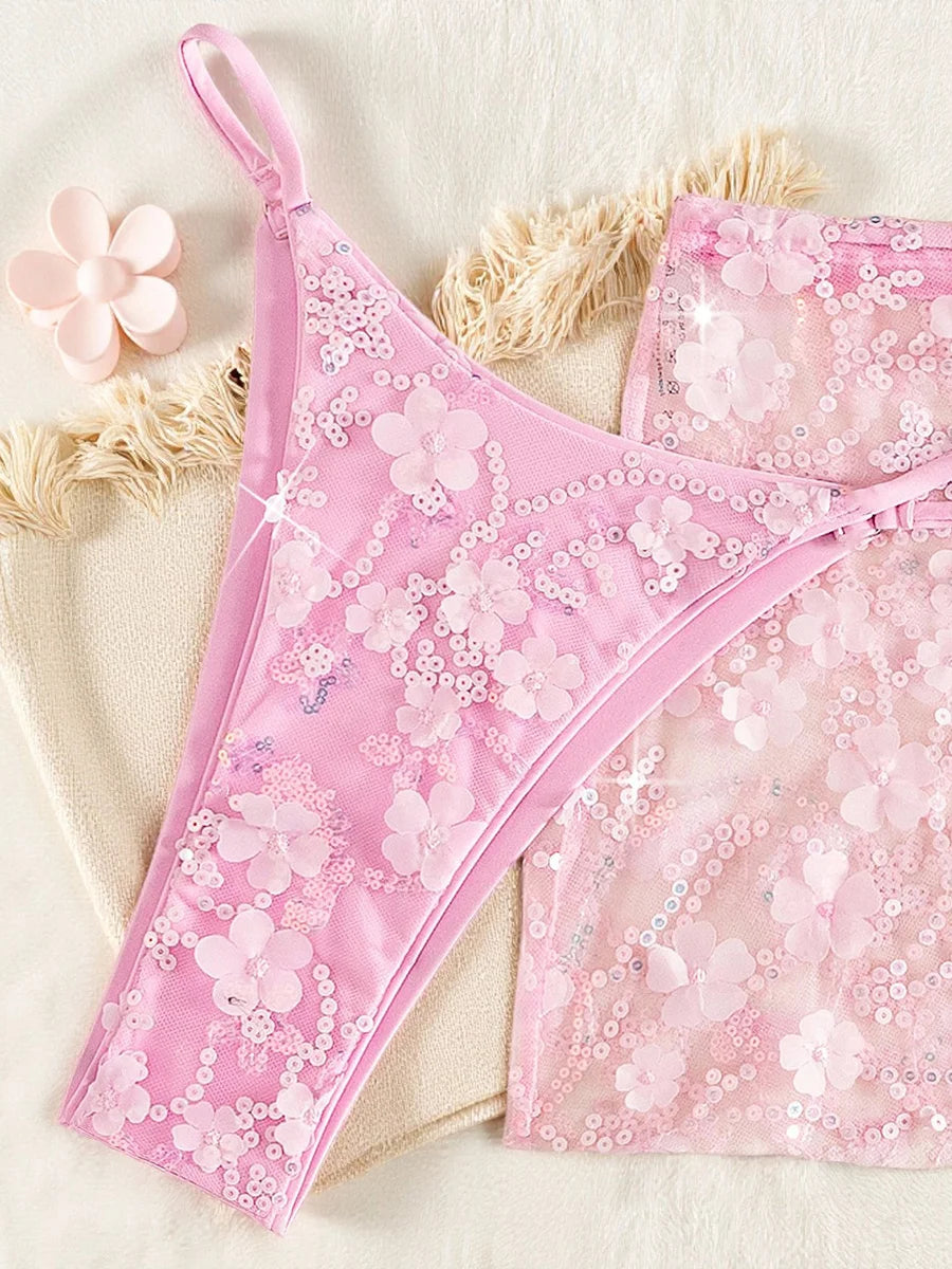 S - XL Mesh Skirt 3D Flowers Sequins Bikini Female Swimsuit Women Swimwear Three-pieces Bikini Set Bathing Suit Swim Beachwear
