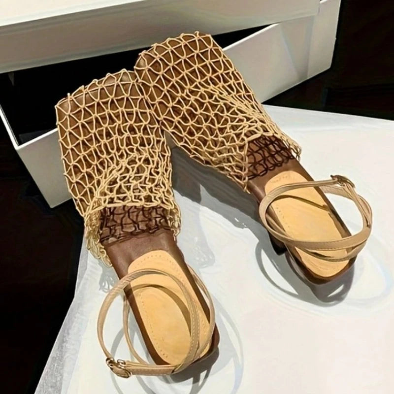 Women's Sandals Summer Luxury DesignerLace Mesh Square Toe Shallow Narrow Strap Braided Slip-on High Heels Sandals