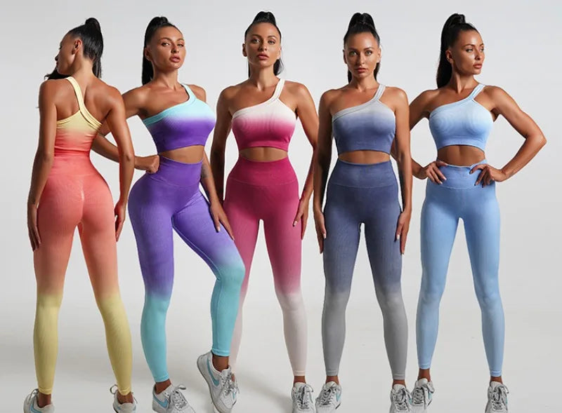 Seamless Tight Yoga Sets Sports Fitness Gradient Single Shoulder Bra High Waist Hip Lifting Pants Suits Wokout Gym Running Sets