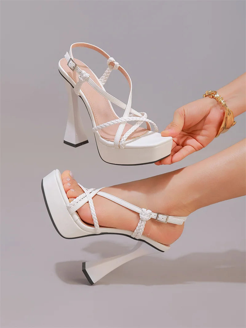 2027 New Arrival Weave Narrow Band Back Buckle Strap Women Platform Sandals Strange High HeelsParty Dress Shoes Size 42