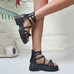 Black Pu Leather Platform Gladiator Sandals Women Summer Plus Size 43 Chunky Heels Sandles Woman 2026 Back Zipper Rome Sandalias
