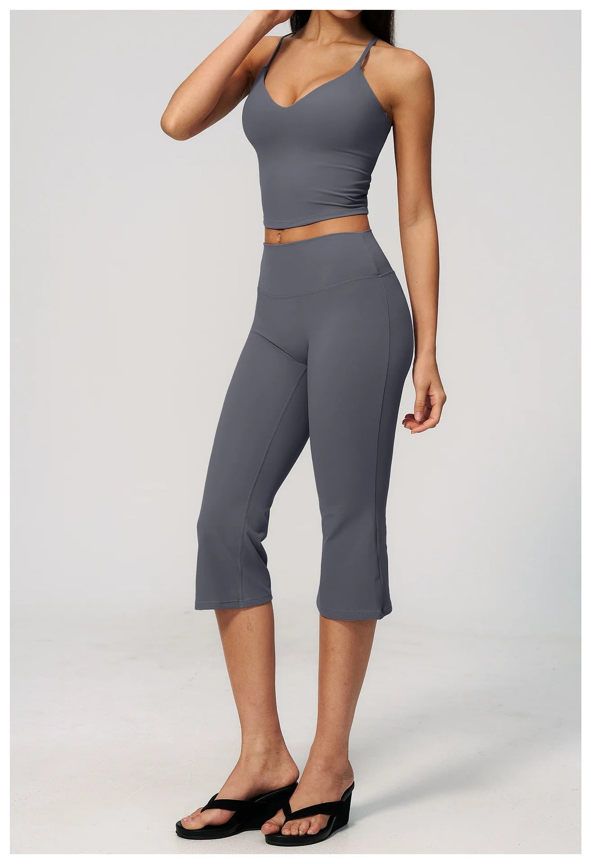 Summer New Yoga Clothing Women Solid V Neck Slim Sports Tank Top Athletic Wear High Waist Butt Lift Mid Pants Gym Fitness Suits