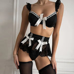 Romantic Ladies Bow Bra Sheer Lace Mini Skirt Teen Sissy Bra Set Black Fancy Lingerie Ultra Breves Sets Sexy Adult