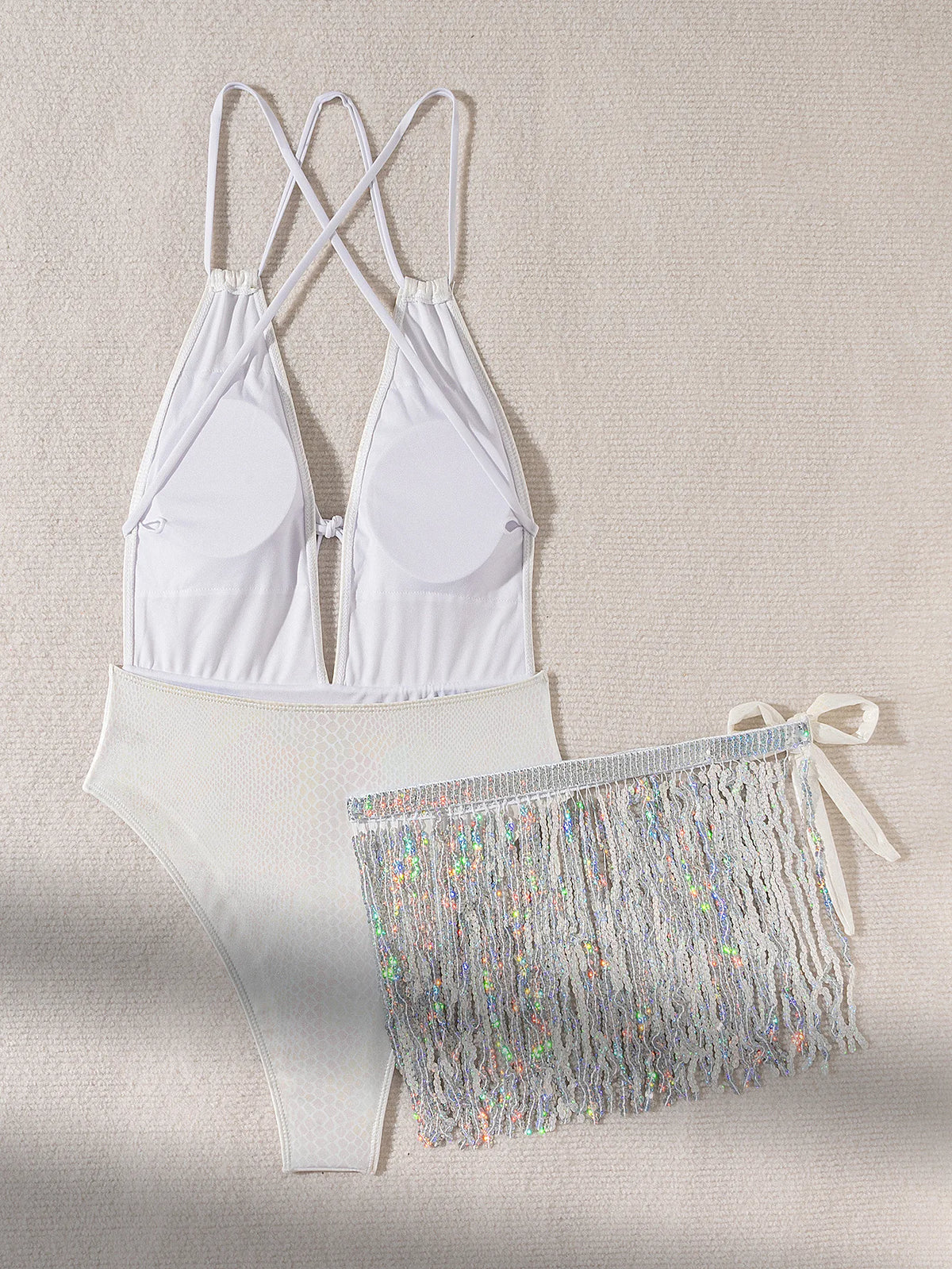 New Shiny One Piece Swimsuit Sexy White Snakeskin Print Deep V Neck Swimwear Backless Bathing Suit Sequin Tassel Skirt Monokini