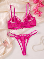 Summer-exclusive rose-pink daisy lingerie set-sheer see-through floral embroidered bra+T underwear-energetic young girl ZA825086