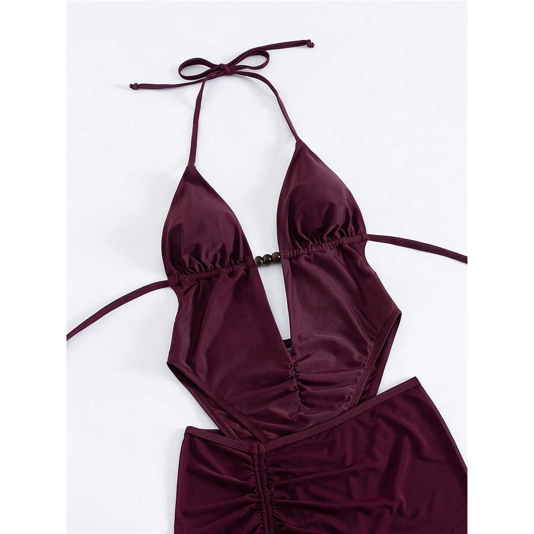 Sexy With Skirt Halter Deep V Neck Women Swimwear One Piece Swimsuit Female High Leg Cut Backless Bather Bathing Suit Swim V8112