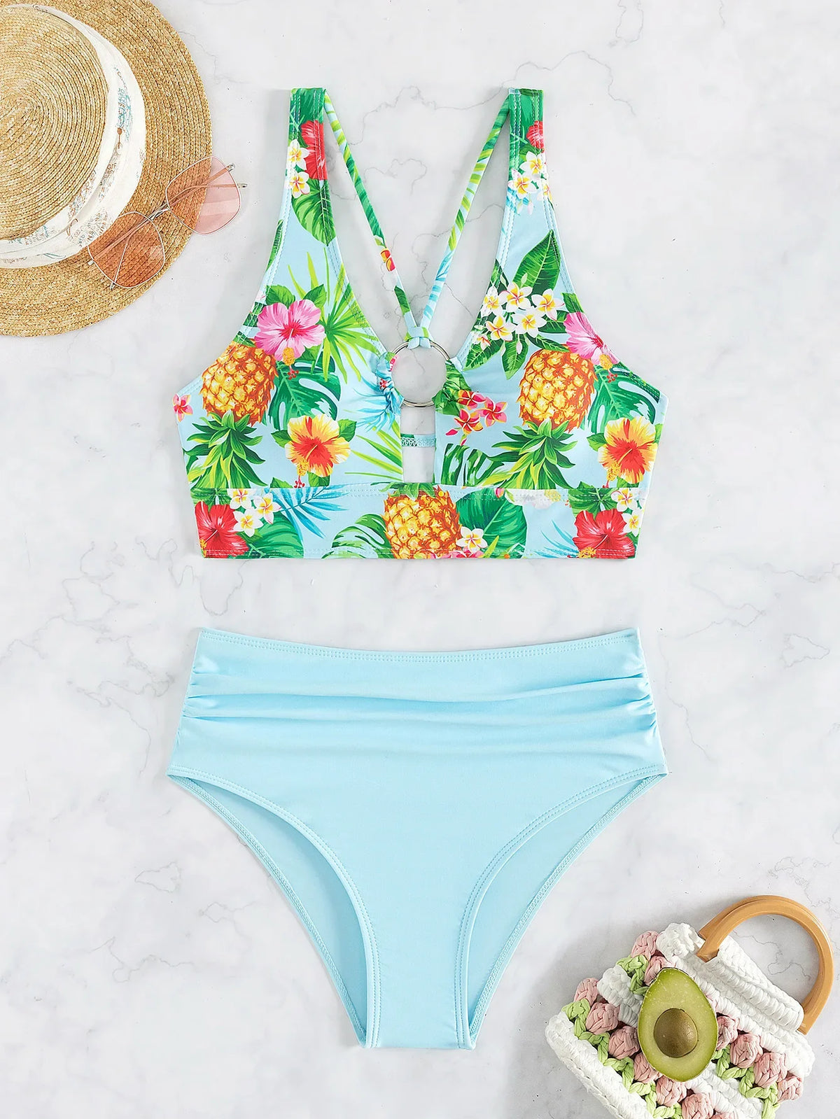 Sexy High Waist Bikini Floral 2026 Women Swimsuit Two Piece Swimwear Female Bikinis Set Blue Bathing Suits Brazilian Biquini